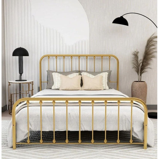 Full Size Bed Frame Metal Platform Bed Frame with Headboard & Footboard Gold