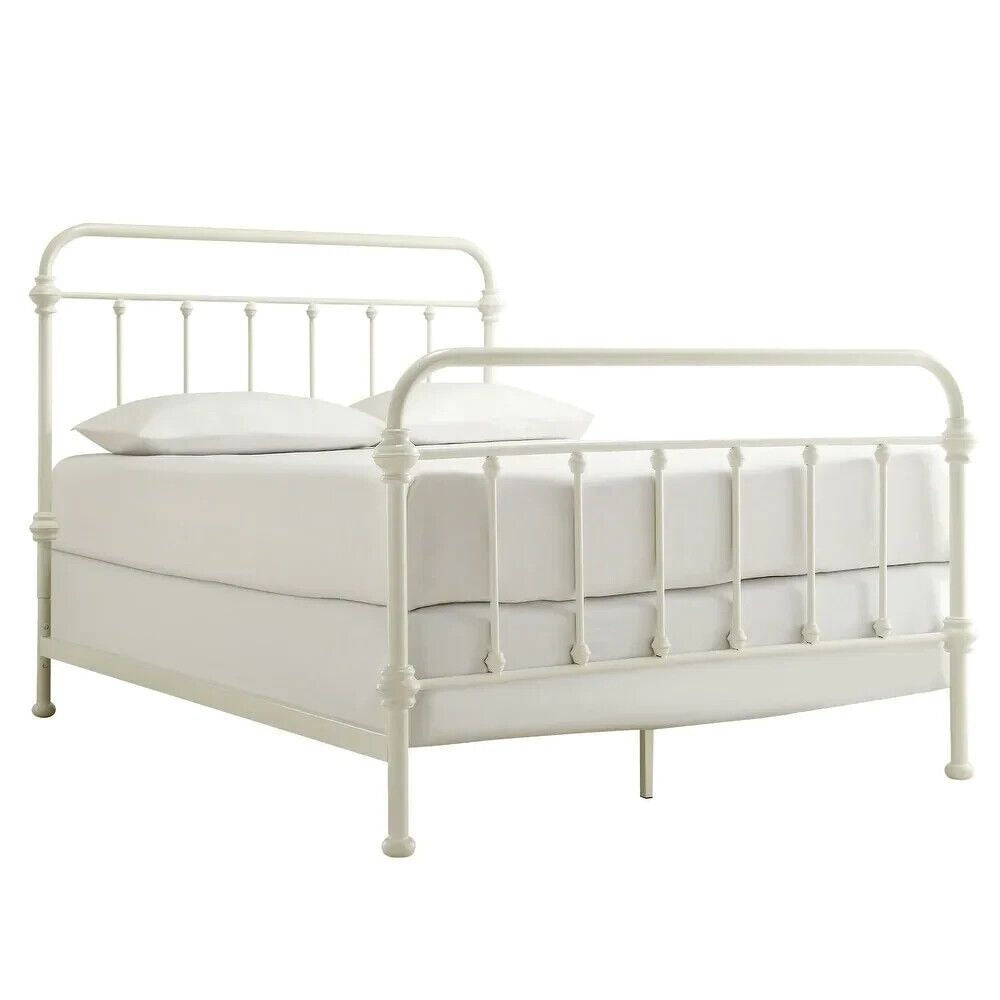 Antique-Style Iron Bed Frame with Flowing Curved Spindle Design, White, Queen Sz