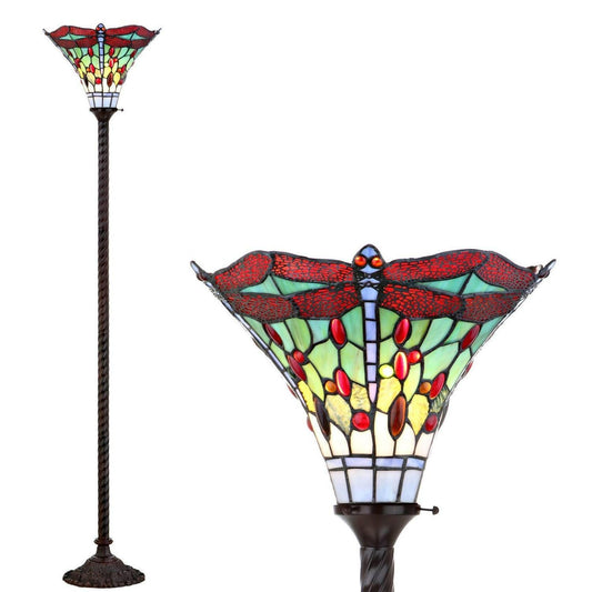 Tiffany Style Red Stained Glass Traditional Dragonfly Torchiere Floor Lamp