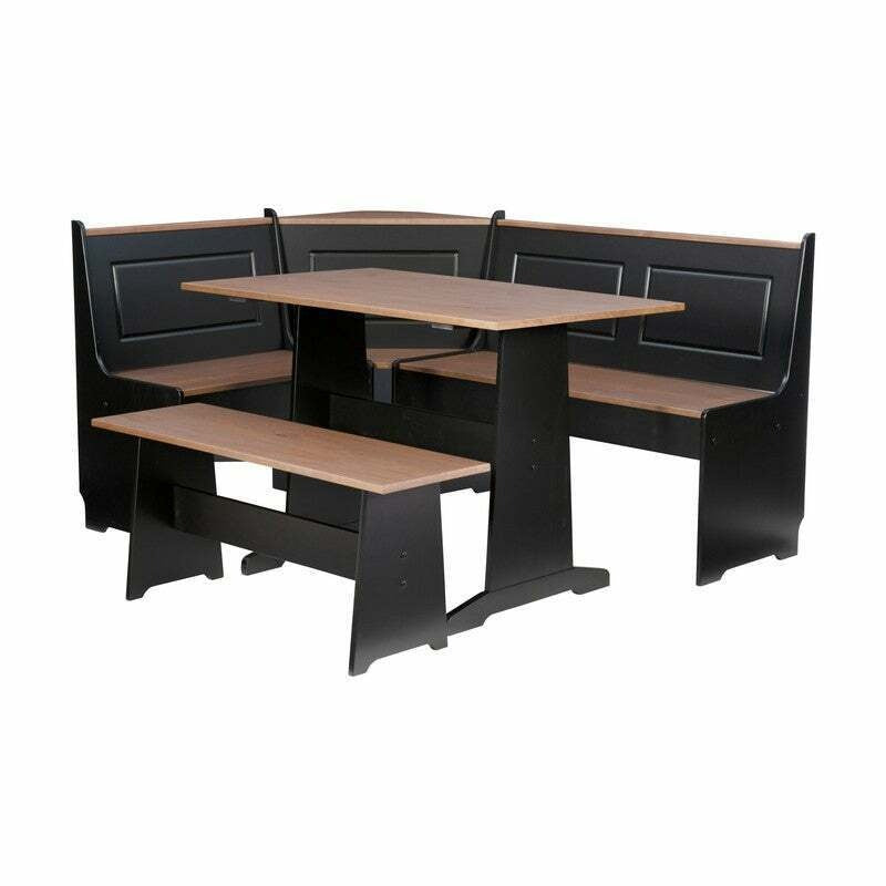 Farmhouse Style Corner Breakfast Dinette Set w/ Storage Bench - Black w/ Nat Top