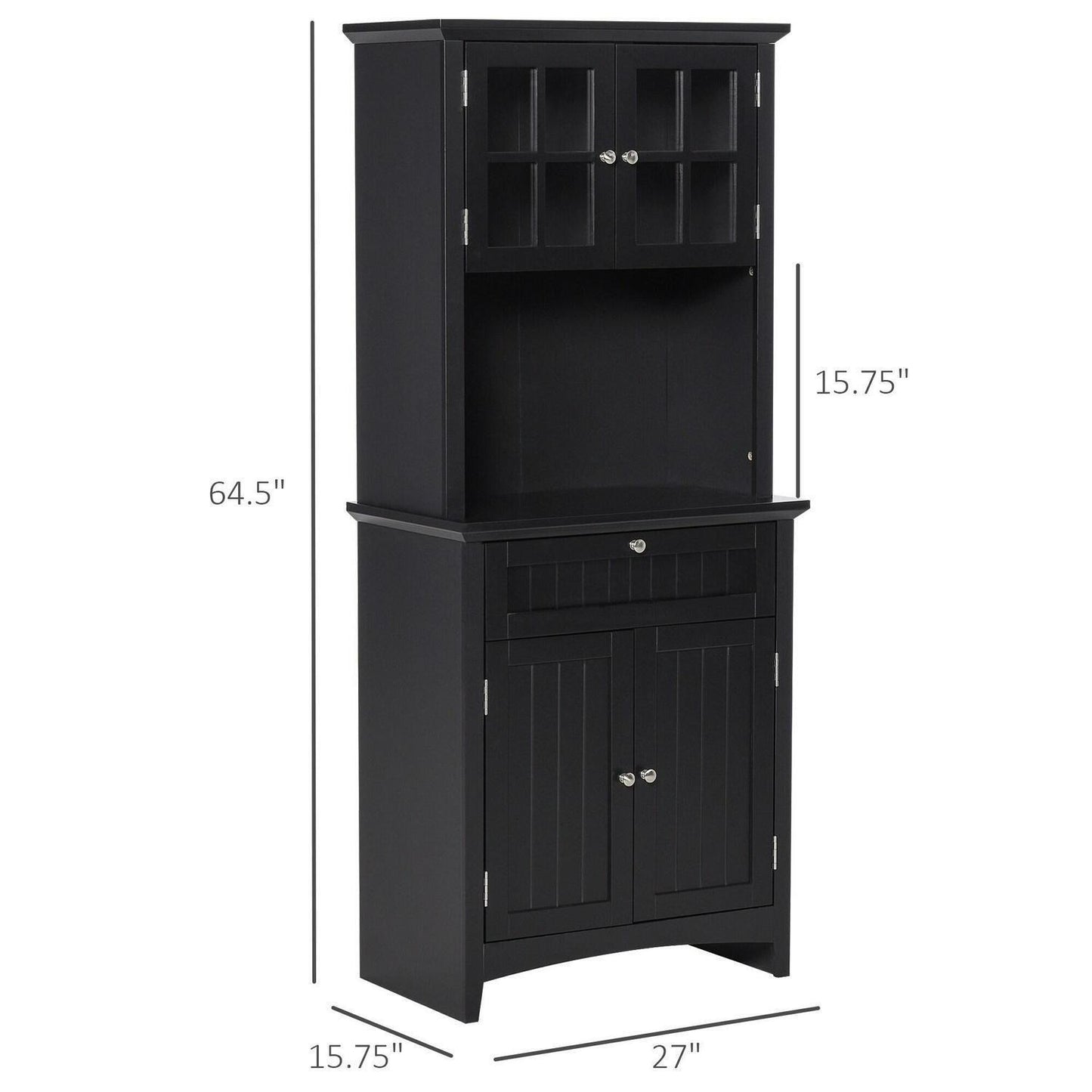 Black Kitchen Buffet Storage Cupboard with Framed Glass Door and Microwave Space