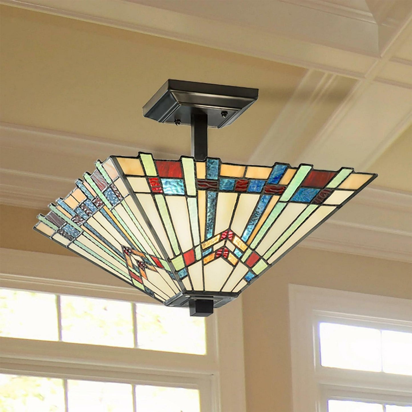 Multicolor Stained Glass Semi-Flushmount Ceiling Mission Style Light