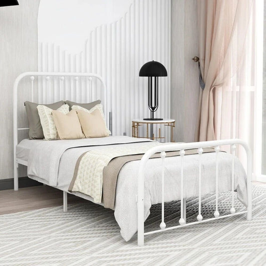 Twin Size Bed Frame Metal Platform Bed Frame with Headboard & Footboard White