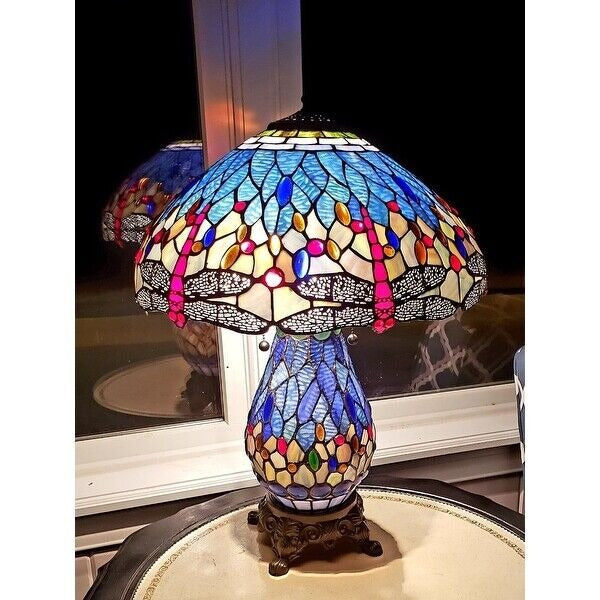 Tiffany Style Dragonfly Victorian Reading Table Lamp Vibrant Blue with Lit Base