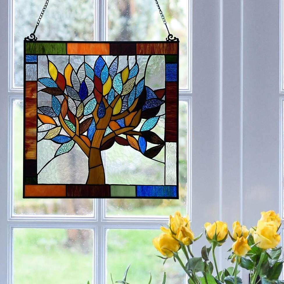 Tiffany Style Colorful World Tree Stained Glass 18in Window Panel Suncatcher