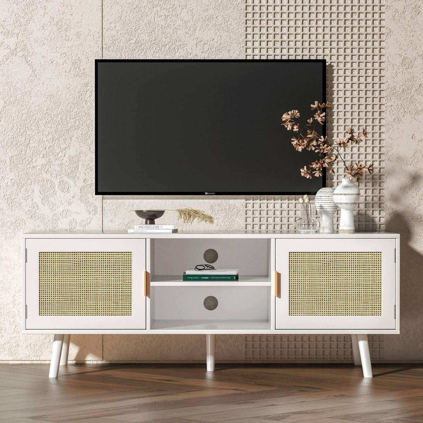 Mid-Century Modern Entertainment Center TV Stand with Cabinet White