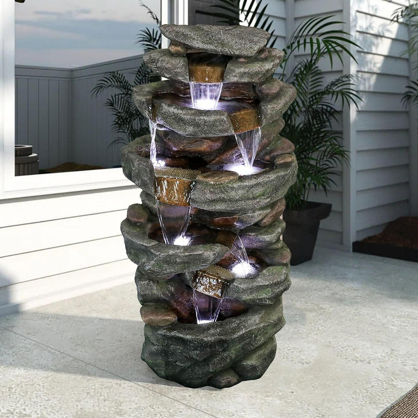 Rock 5-Tier Rock Outdoor Water Fountain: LED Lit, Easy Setup, Durable Polyresin