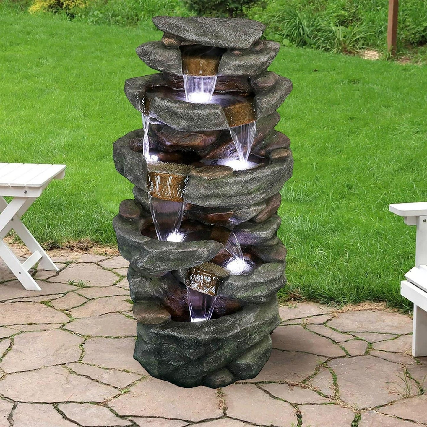 Rock 5-Tier Rock Outdoor Water Fountain: LED Lit, Easy Setup, Durable Polyresin