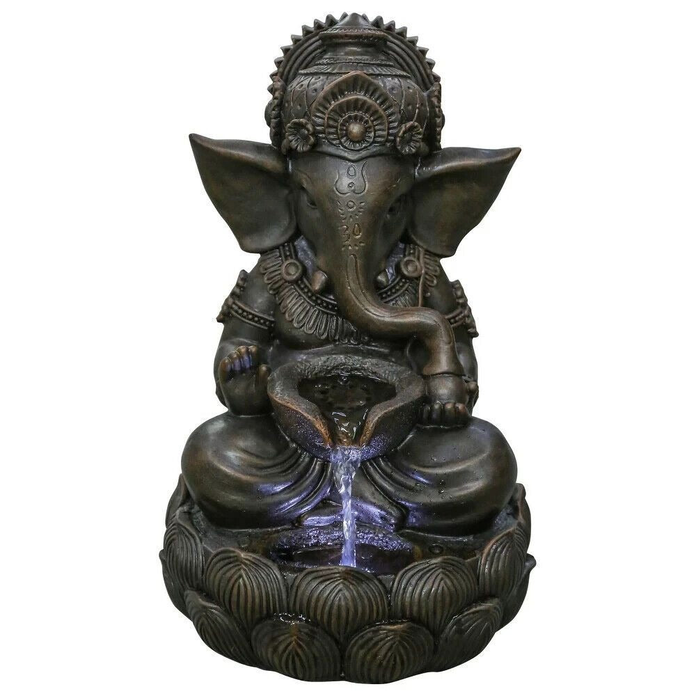 Lord Ganesh Elephant Bowl Fountain w/Cascading Water and Cool LED Lights 14in