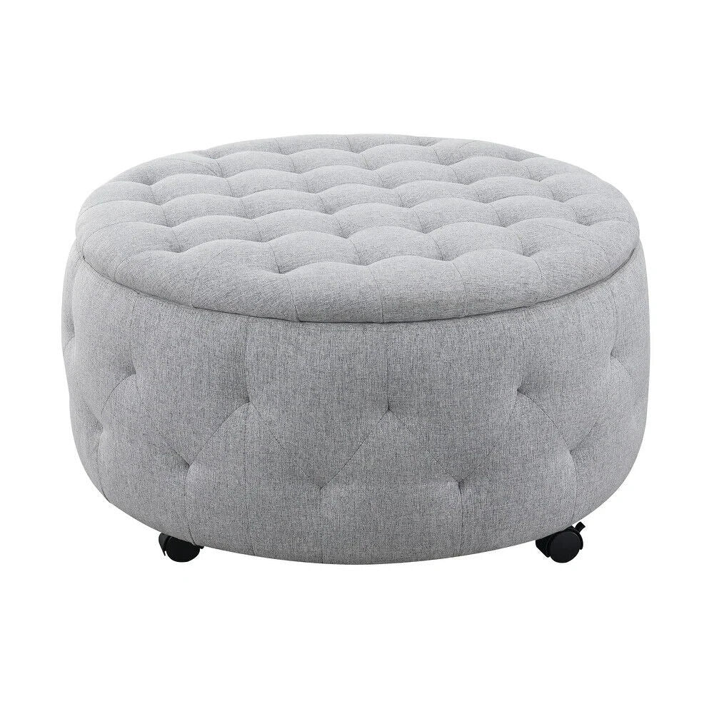 Round Rolling Storage Ottoman Cocktail Set with 4 Ottomans in Light Grey