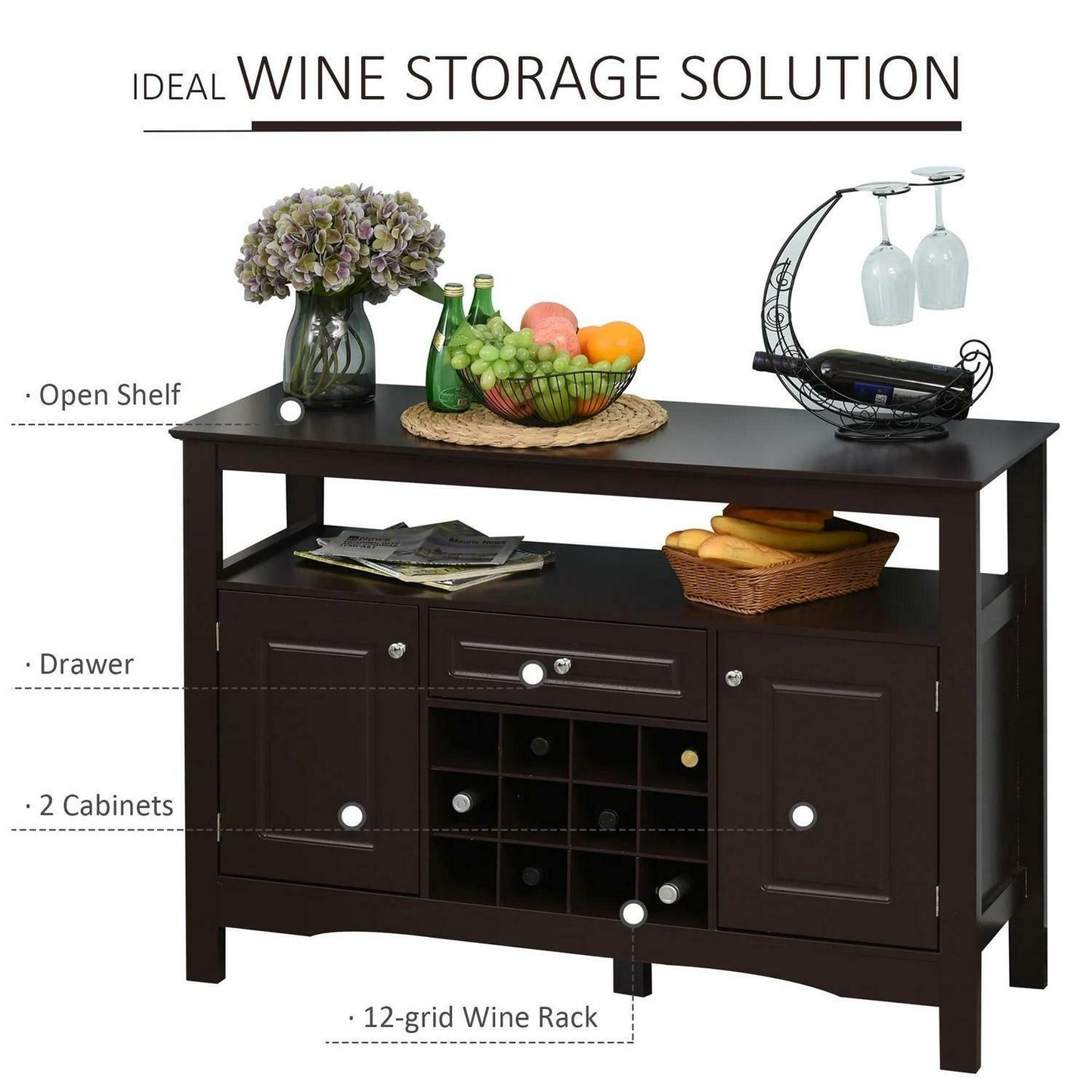 Espresso Fin Kitchen Buffet Bar Cabinet Storage Sideboard Drawer and Wine Rack