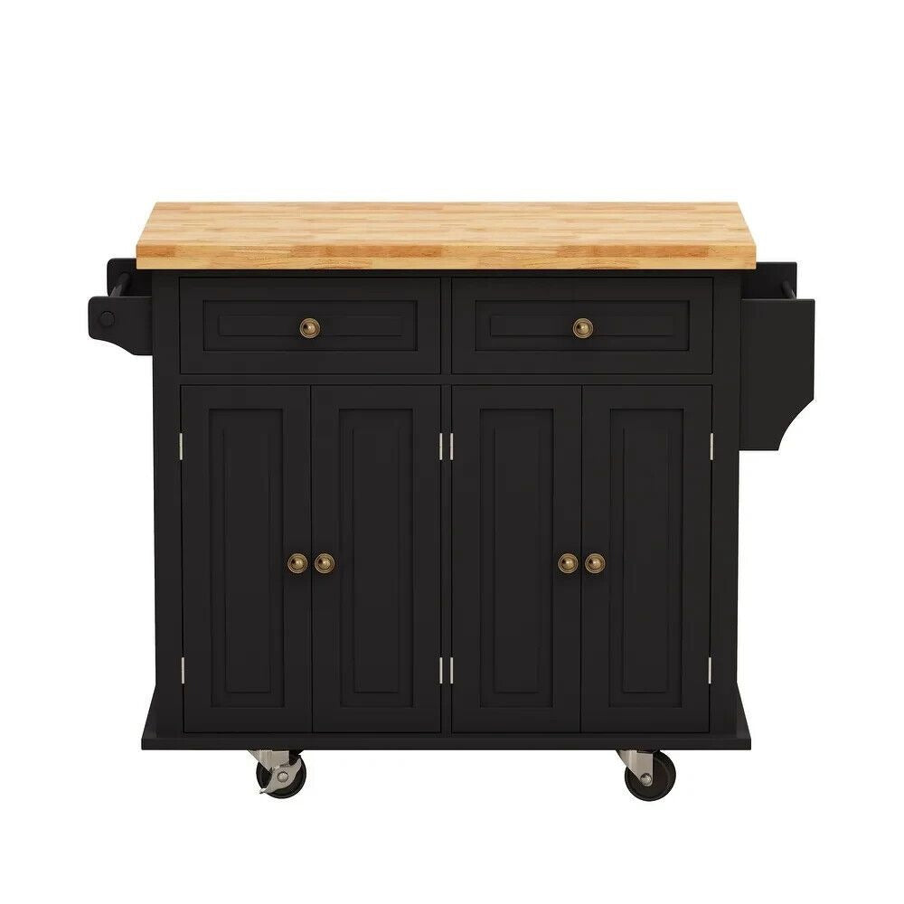 Rolling Kitchen Serving Cart Cabinet Natural Wood Butcher Block Top - Black