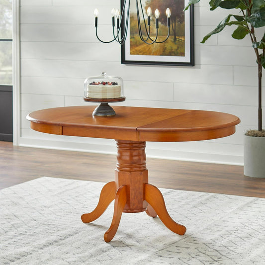 Country Style Pedestal Table: Solid Wood w/ 22in Leaf - Nat Oak Finish