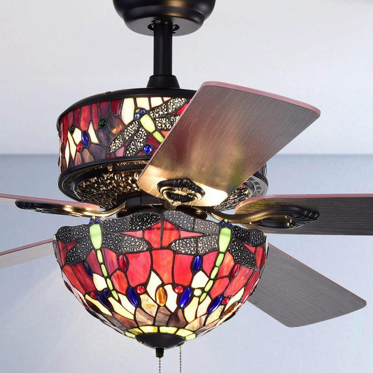 Tiffany Style Red Stained Glass Jeweled Dragonfly 6-Light 5-Blade Ceiling Fan