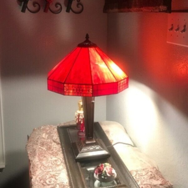 Stained Glass Lamp Tiffany Style 2-Light Red Table Lamp 14x21in