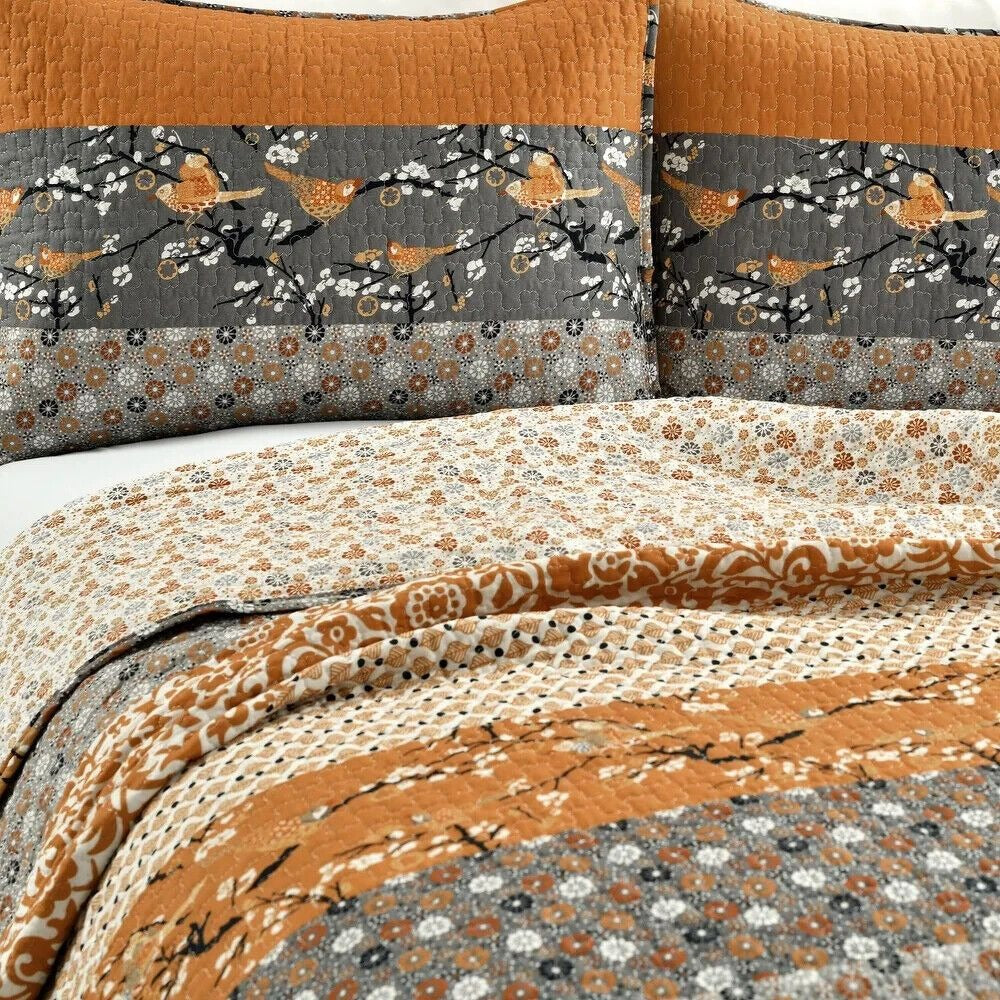 Spice Yellow & Gray Floral Cottage 3-pc Striped Comforter Quilt Set - King Sz