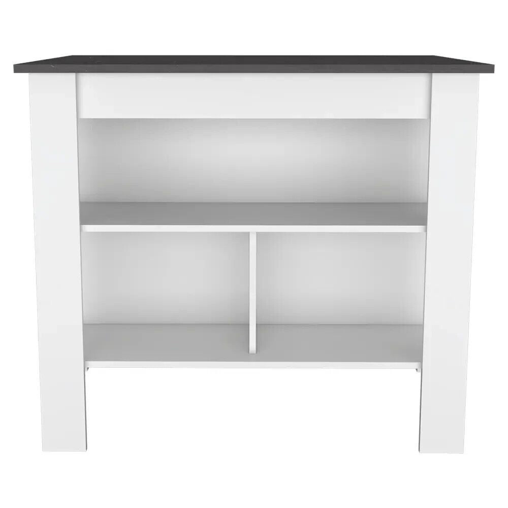 Kitchen Island Table With Open Lower Storage White Finished/Black Onyx Fin Top