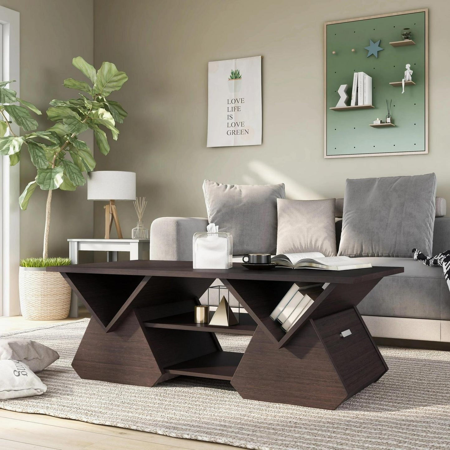 Modern Coffee Table Geometric Design In Espresso Finish With Storage 42inL