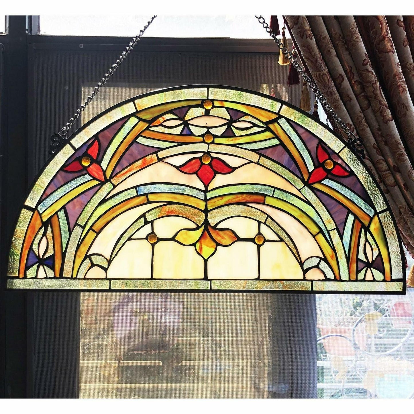 Half Circle Window Suncatcher Tiffany Style Stained Glass 24x12in Spring Tones