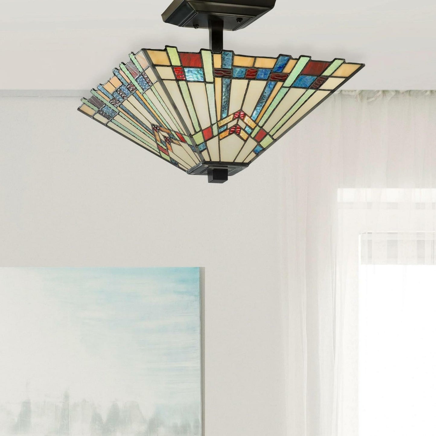 Multicolor Stained Glass Semi-Flushmount Ceiling Mission Style Light