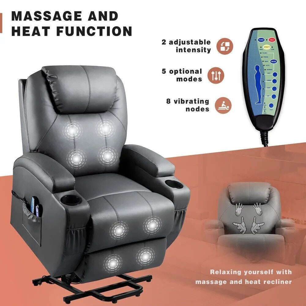 Power Lift Recliner Chair for Elderly with Heat / Massage and Cup Holder - Grey