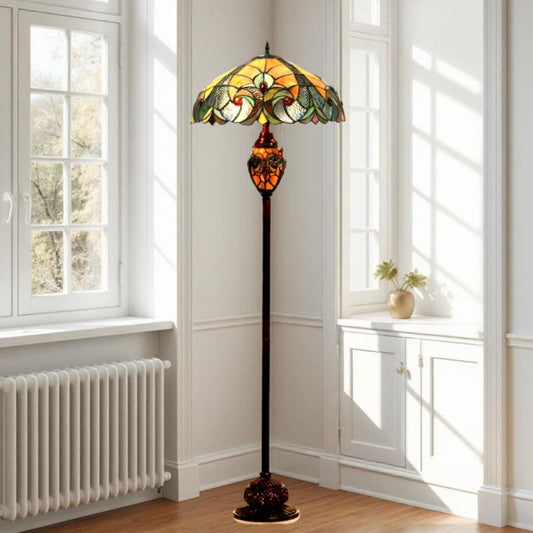 3-Light Victorian Tiffany Style Amber Stained Glass Floor Lamp
