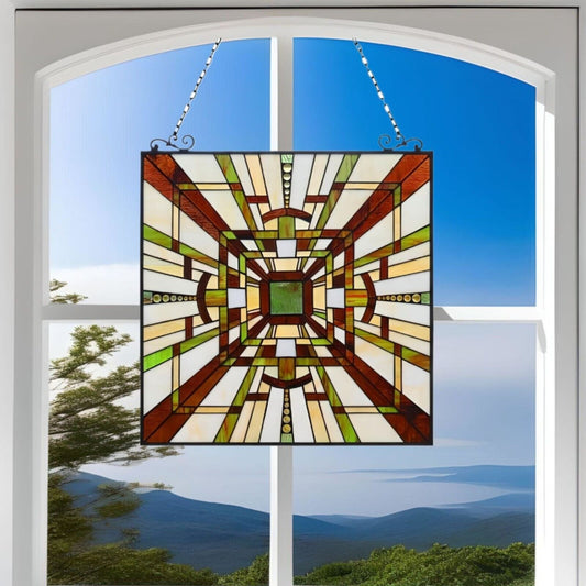 Mission Stained Glass Art Window Panel Suncatcher Green and Brown 24x24in