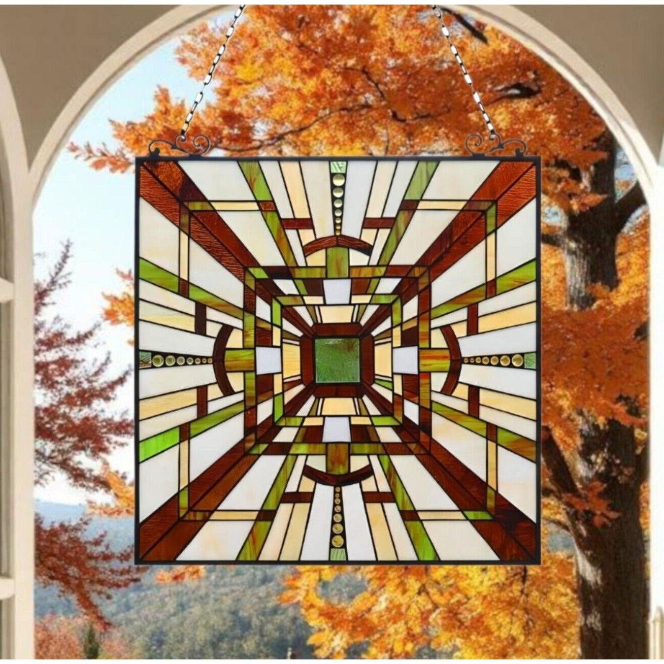 Mission Stained Glass Art Window Panel Suncatcher Green and Brown 24x24in