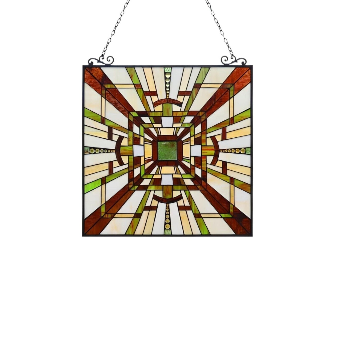 Mission Stained Glass Art Window Panel Suncatcher Green and Brown 24x24in