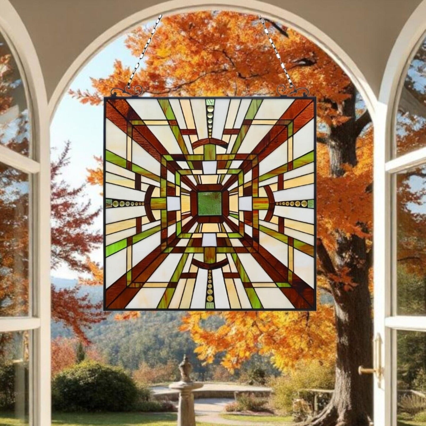 Mission Stained Glass Art Window Panel Suncatcher Green and Brown 24x24in