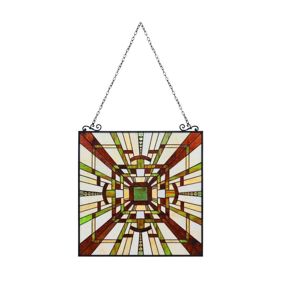 Mission Stained Glass Art Window Panel Suncatcher Green and Brown 24x24in