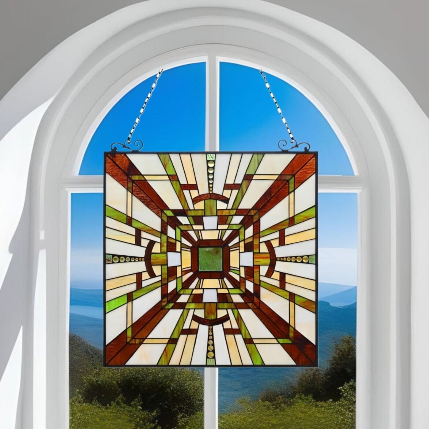 Mission Stained Glass Art Window Panel Suncatcher Green and Brown 24x24in