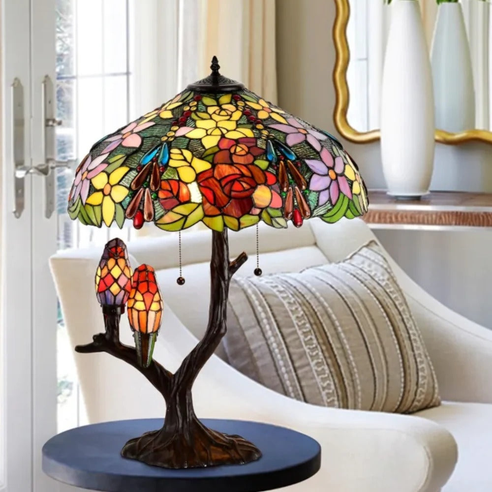Tiffany Style Table Tree With Owls Lamp Reading Desk Accent Stained Glass Lamp