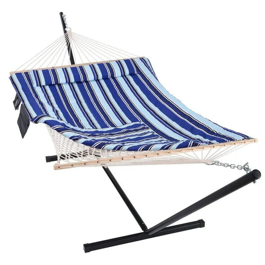 2 Person Hammock With Stand - Cotton Rope, Quilted Blue Striped w/Pillow