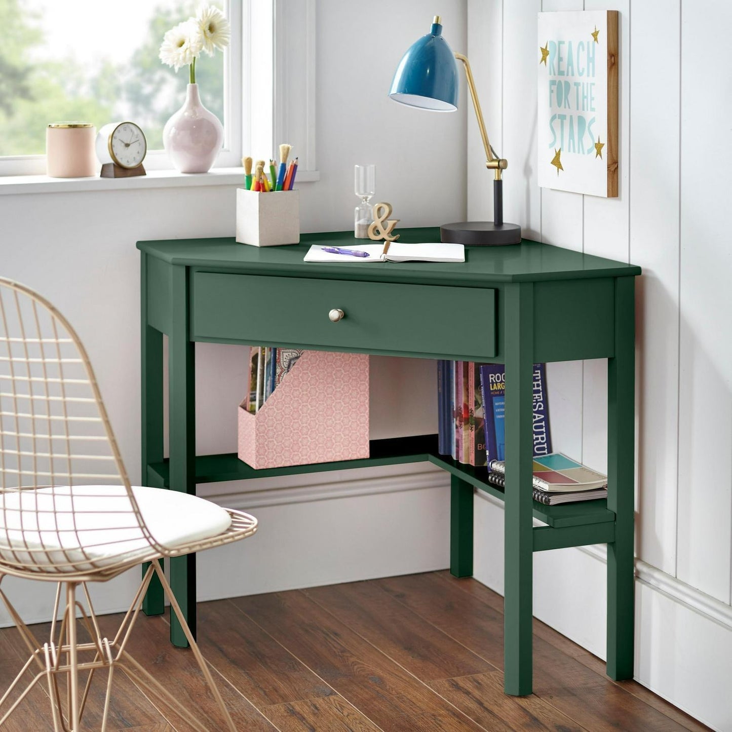 Dark Green Finish Corner Desk for Home Office Computer Study With Lower Shelf