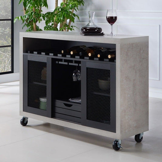 Rolling Sideboard Buffet Serving Cart Storage Cabinet in Black and Cement Finish