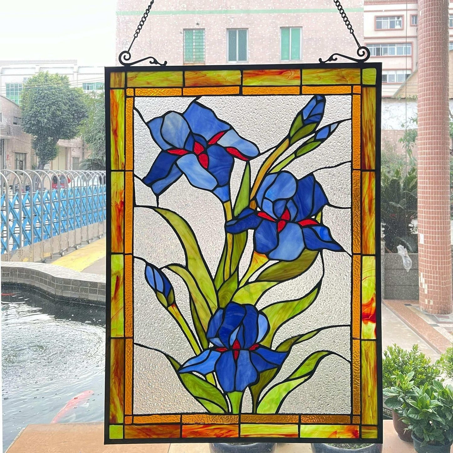 Tiffany Style Stained Glass Blue Lilies Suncatcher Window Panel 18x25in