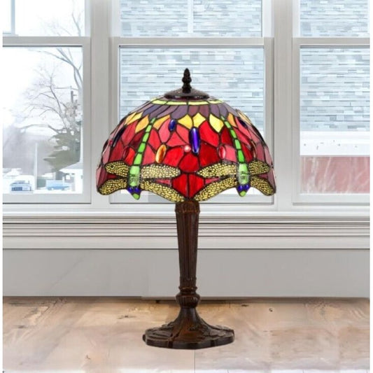 Tiffany Style Stained Glass Dragonfly Accent Table Lamp in Red and Purple 19in