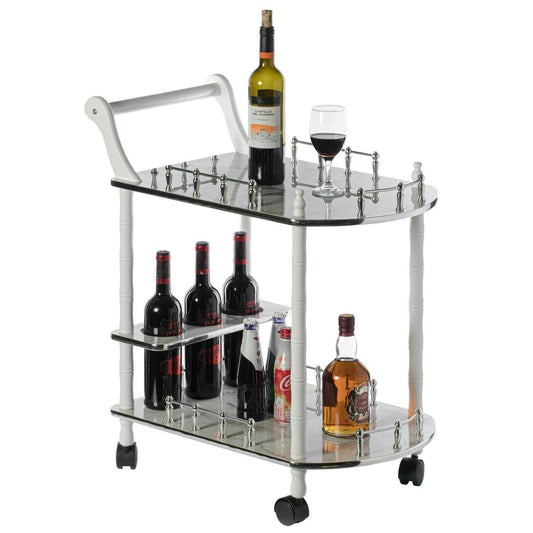 Wood Serving Bar Cart Tea Trolley 2 Tier Shelves With Wheels in Grey