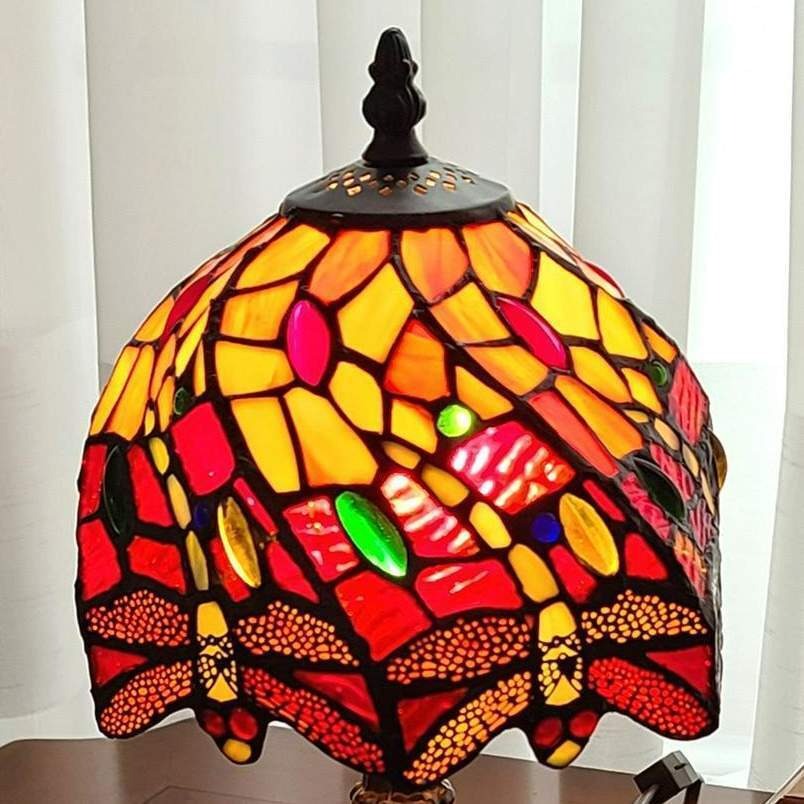 Tiffany Style Mini 14.5in Accent Table Lamp Stained Glass Red Dragonfly