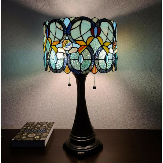 Stained Glass Drum Shade Floral Table Lamp Accent Reading 21in Tiffany Style