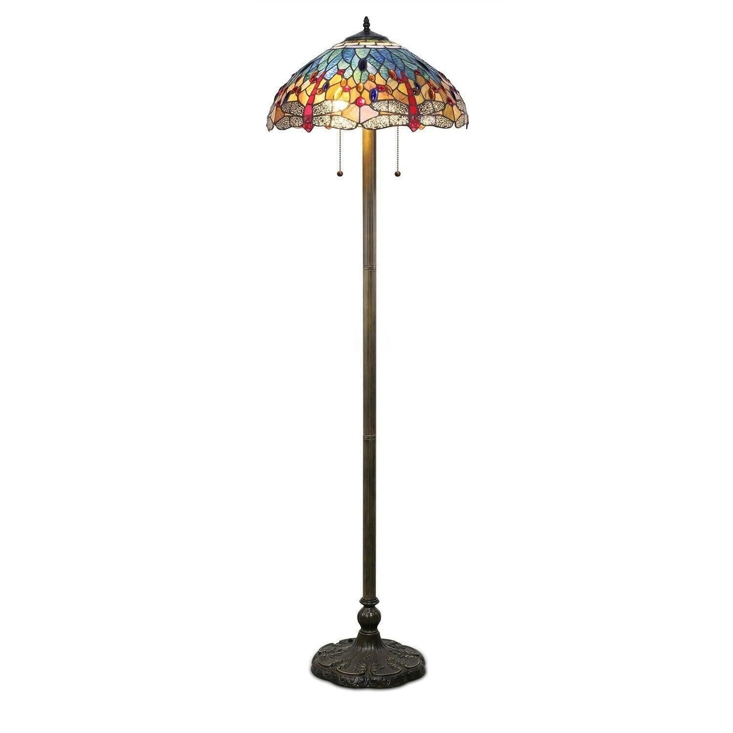 Tiffany Style Stained Glass Red Dragonfly Floor Lamp With Blue and Yellow