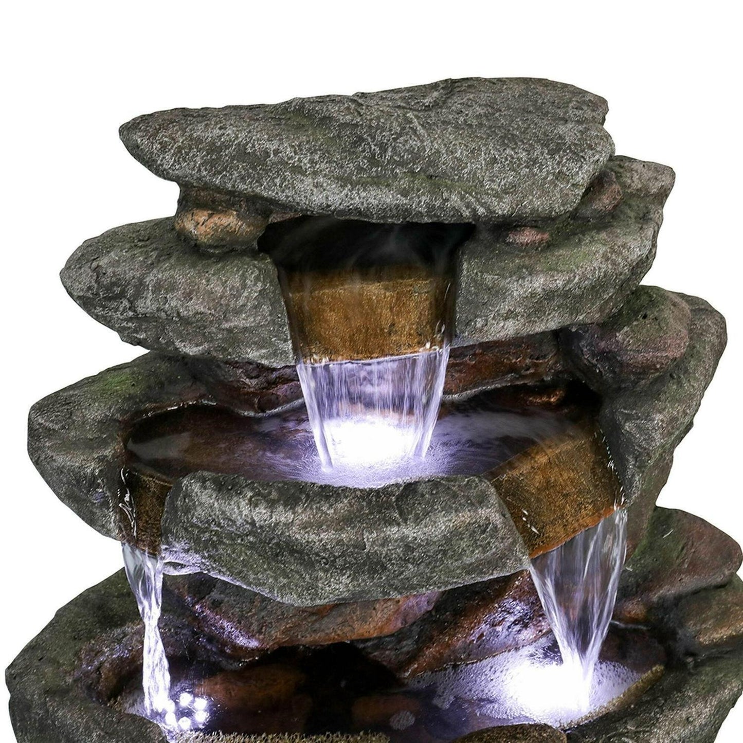 Rock 5-Tier Rock Outdoor Water Fountain: LED Lit, Easy Setup, Durable Polyresin