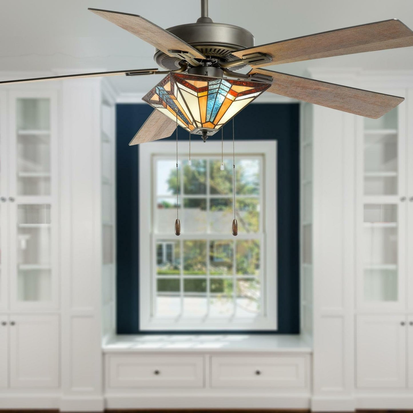 Tiffany Style Stained Glass Blue and Amber Mission 52in Ceiling Fan