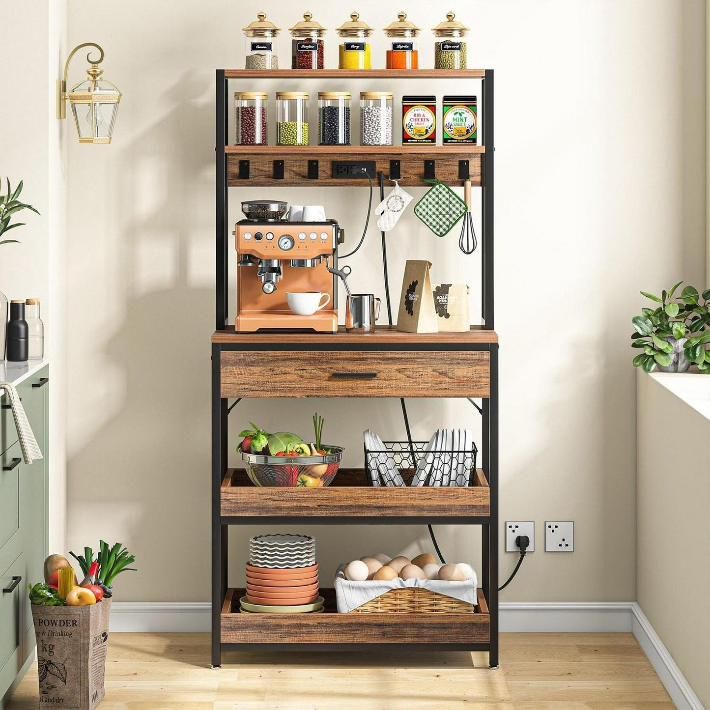5.5ft 2-Tier Kitchen Baker's Rack w/ Outlets, Rustic Brown Fin - Microwave Stand