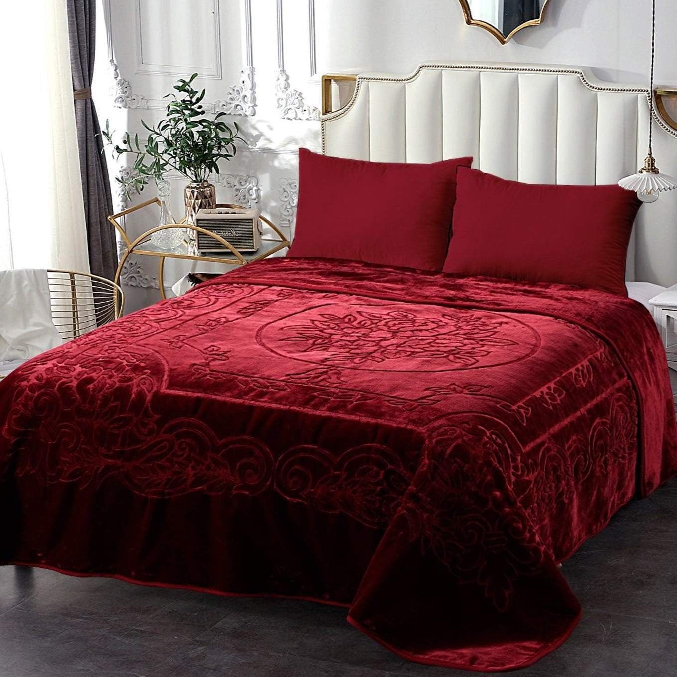 Luxurious Oversized Floral Embossed Bed Blanket/Cover in Burgundy