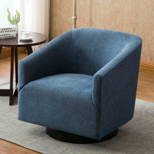 Swivel Accent Armchair with Wood Base and Barrel Back in Blue