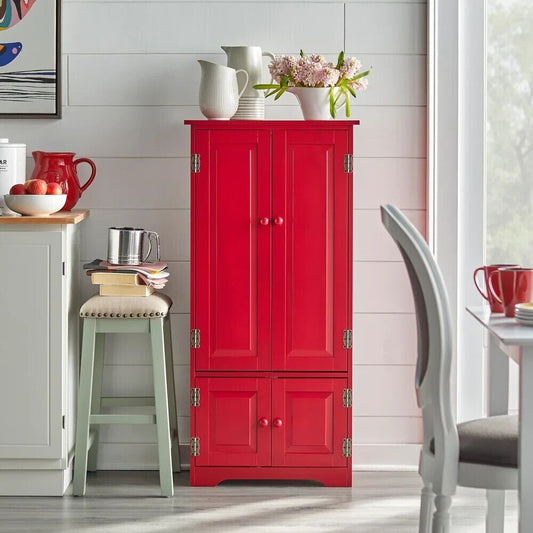 Country Kitchen Cabinet Storage Pantry Organizer Cupboard Red Finish 4ft Tall