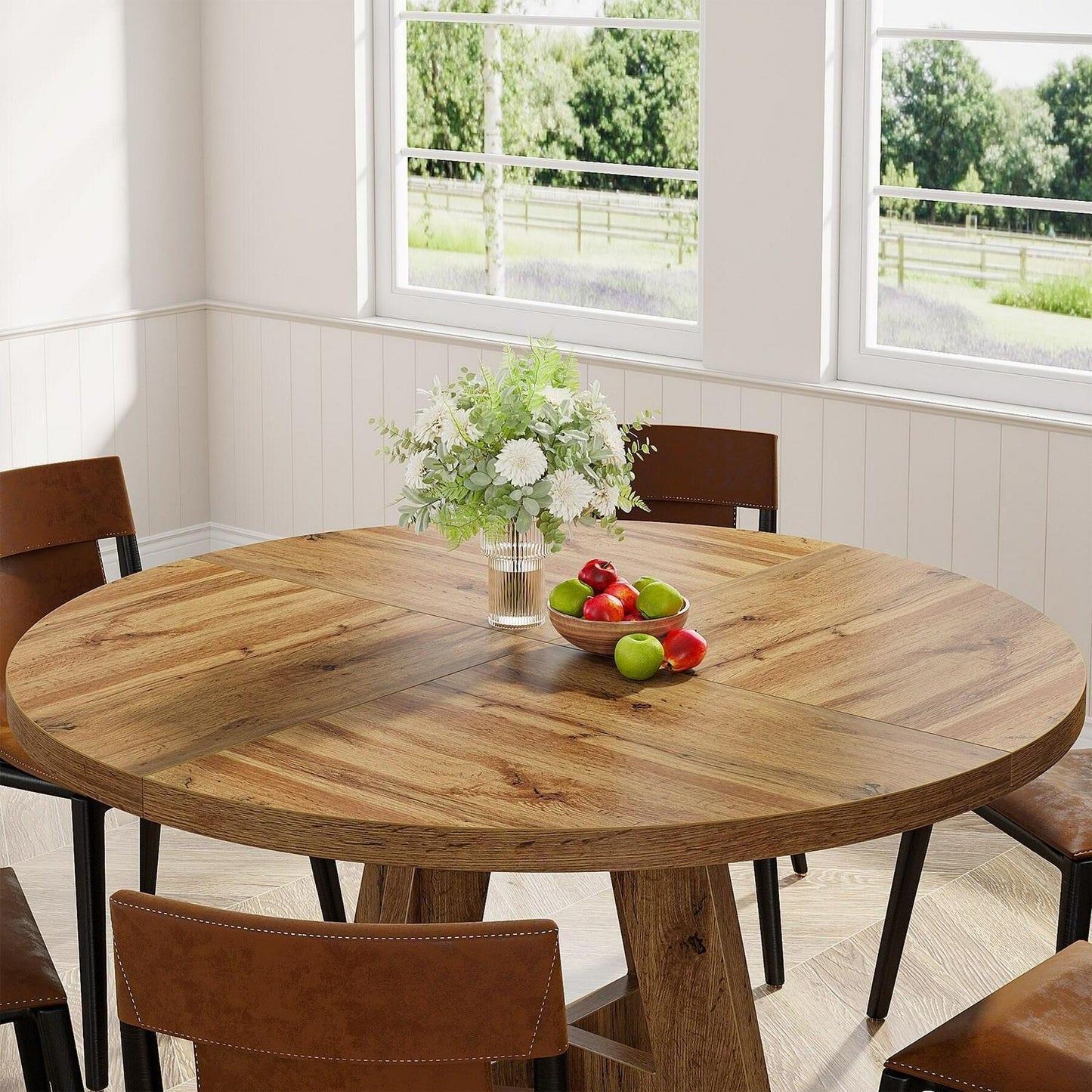 Round Farmhouse Dining Kitchen Table in Rustic Light Brown Finish 47in Diameter