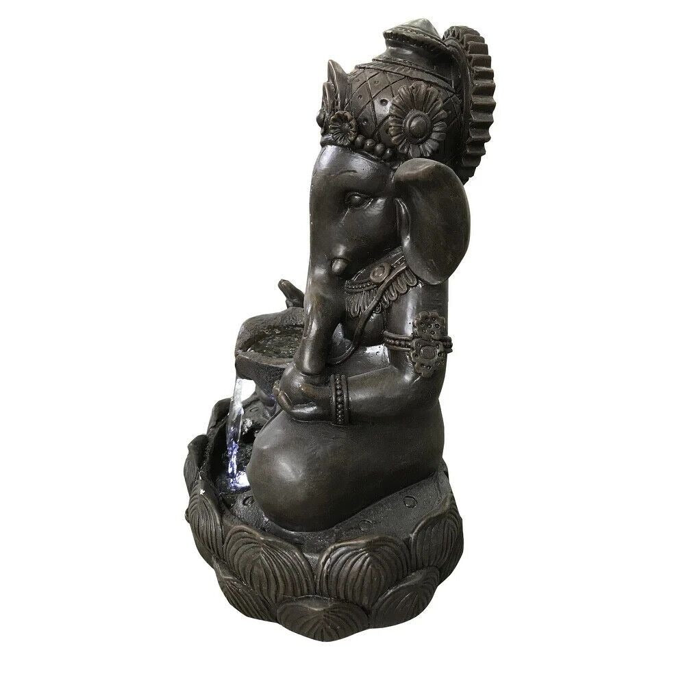 Lord Ganesh Elephant Bowl Fountain w/Cascading Water and Cool LED Lights 14in